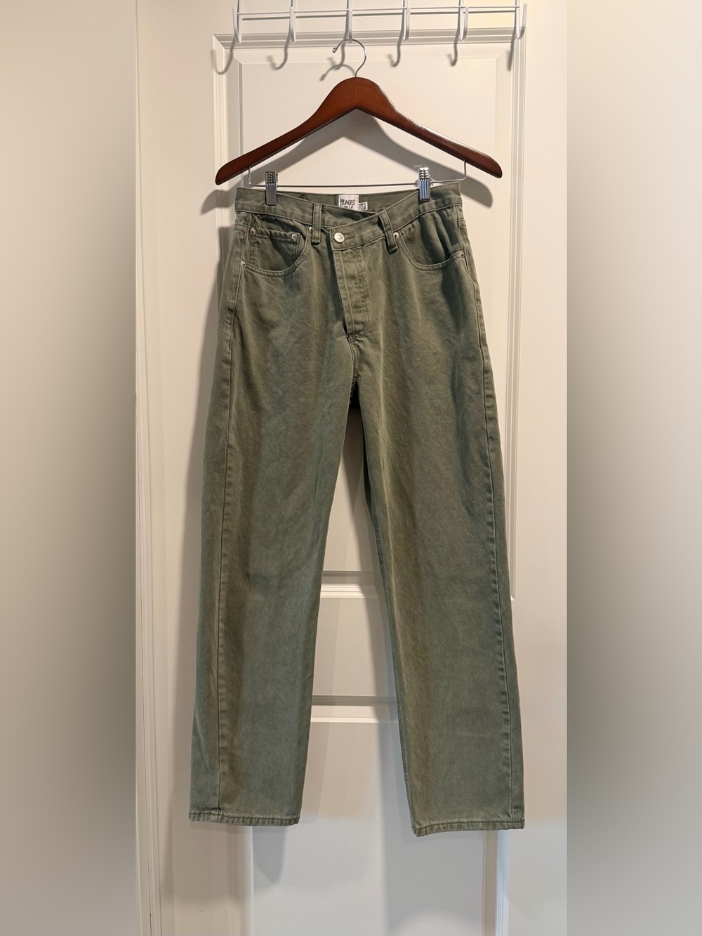 Princess Polly Asymmetric Cross Waist Straight Leg Jeans Sage Green Size 6